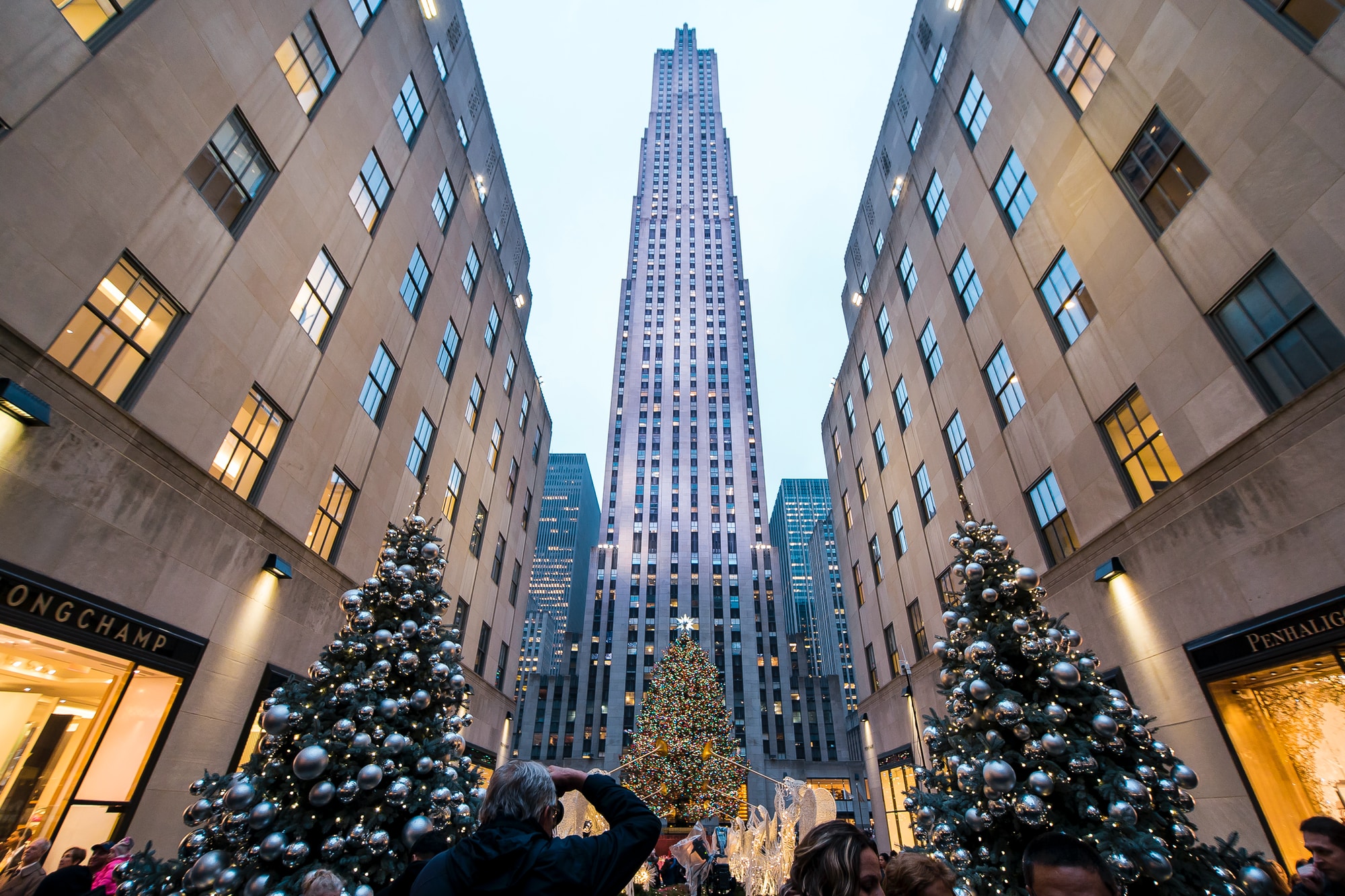 person standing beside two Christmas trees with baubles